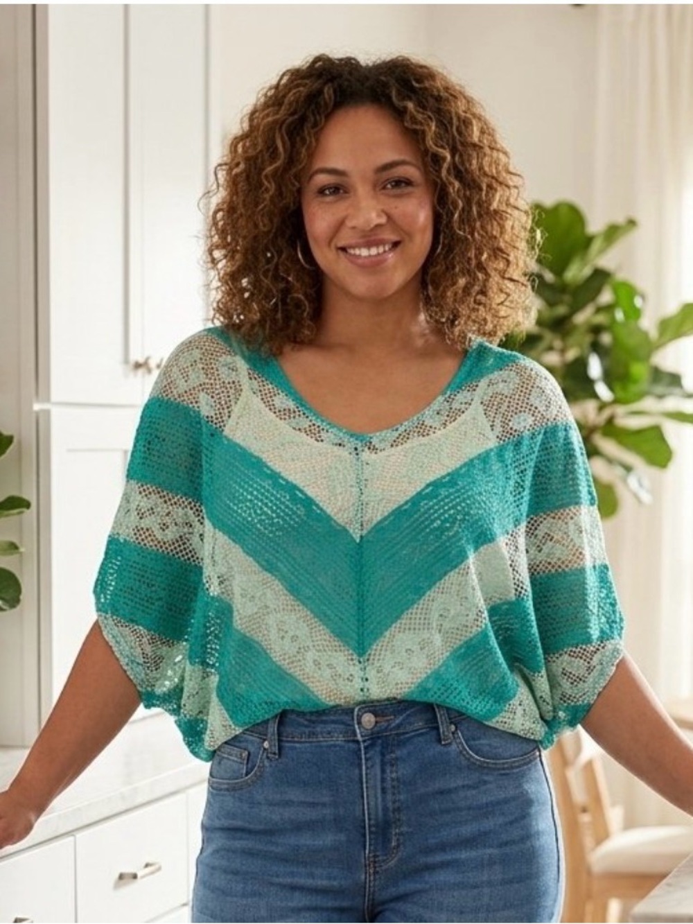 Cover It Up  batwing chevron print teal top